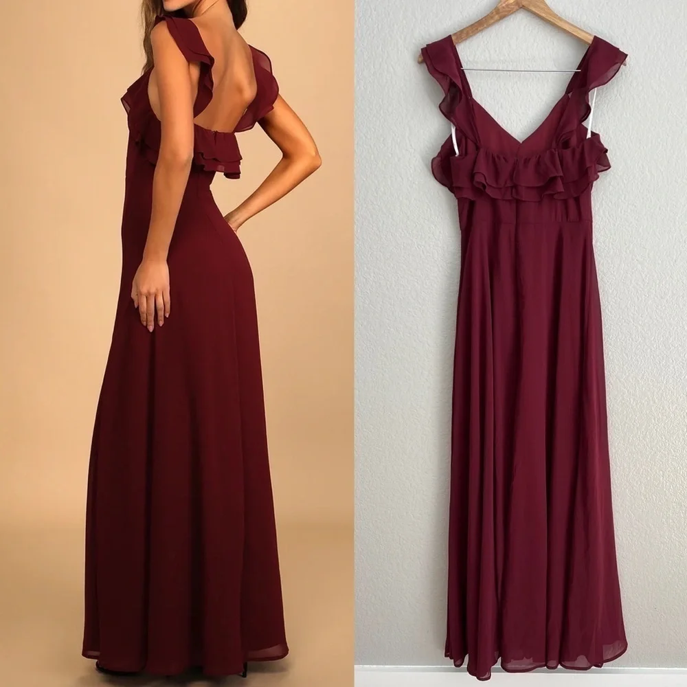 NWOT Lulus Adoring Glances Burgundy Ruffled Maxi Dress - Picture 3 of 10